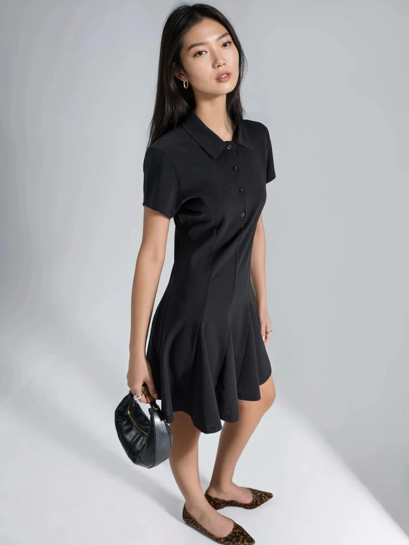 بوسيم BUSEM Buttoned Crepe Mini Shirt Collar Dress